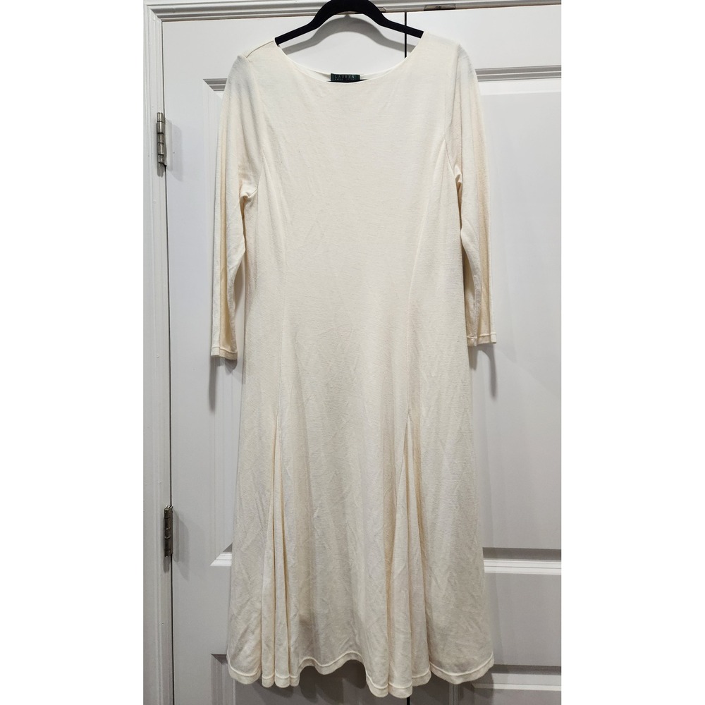 Lauren Ralph Lauren Cream Wool Blend Fit & Flare Midi Dress Stretch Large L NEW